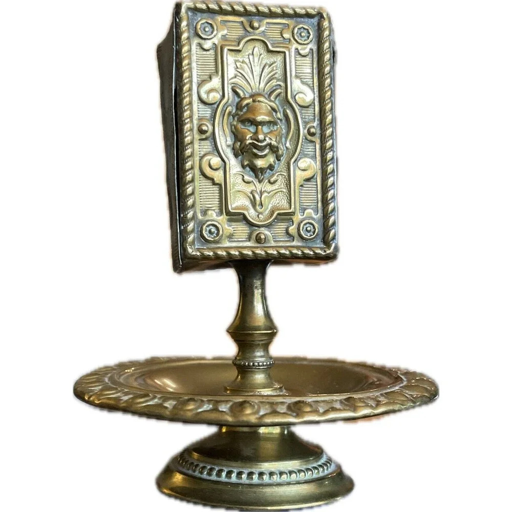 Antique C. 1900s Ornate Lion Gilt Bronze Smoking Ashtray Match Box Holder Patina